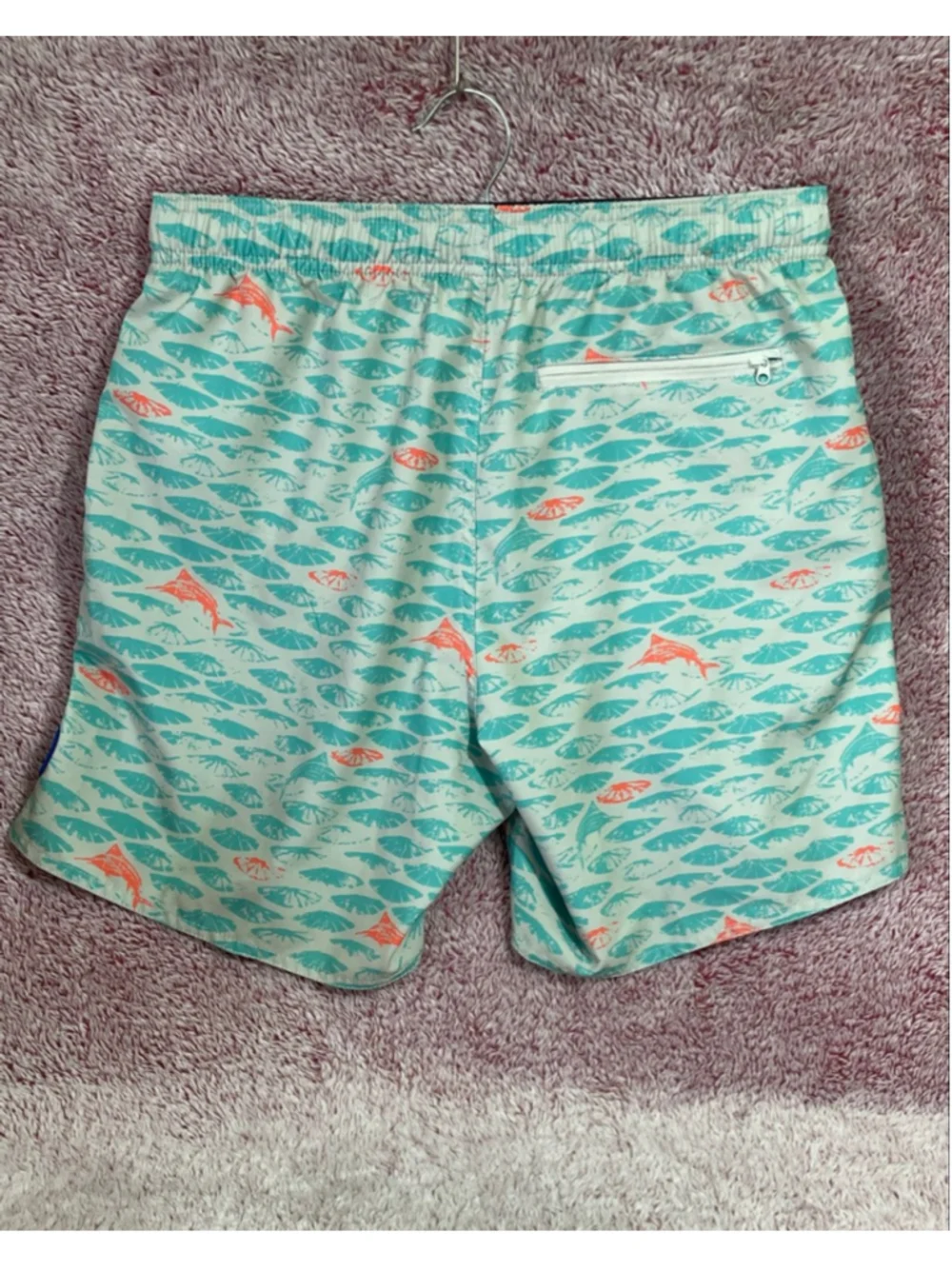 Men's AFTCO Swim Trunks S Beige Teal Fish Print